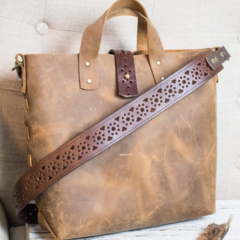 Distressed leather tote bag crossbody purse